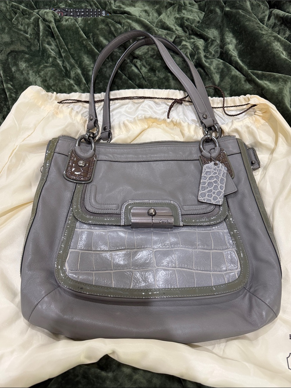 Coach Gray Leather Shoulder Bag with Croc-Embossed Front Pocket